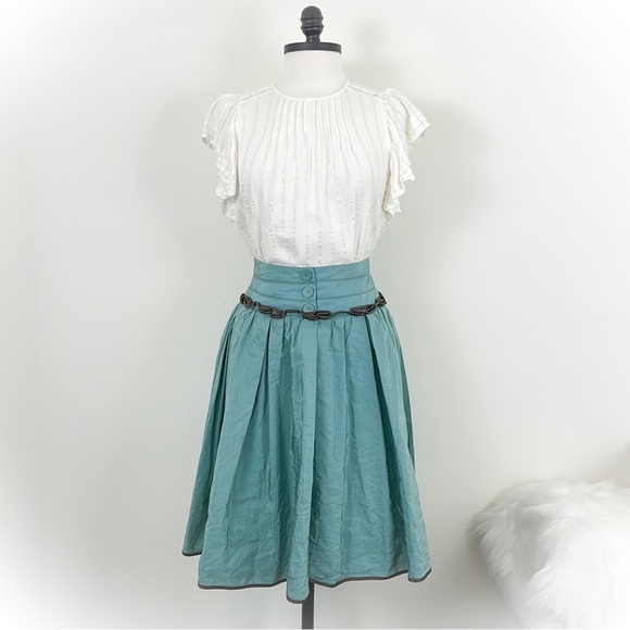 💕Beautiful Teal Colored Full Cue Skirt Beautiful Brown Trim Detail💕 - Picture 5 of 10